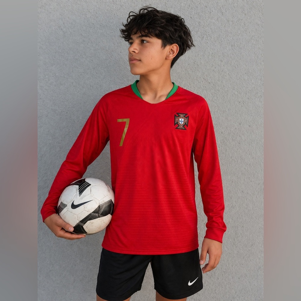 Portugal Ronaldo #7 Long Sleeve Soccer Jersey Red Boys Youth Large